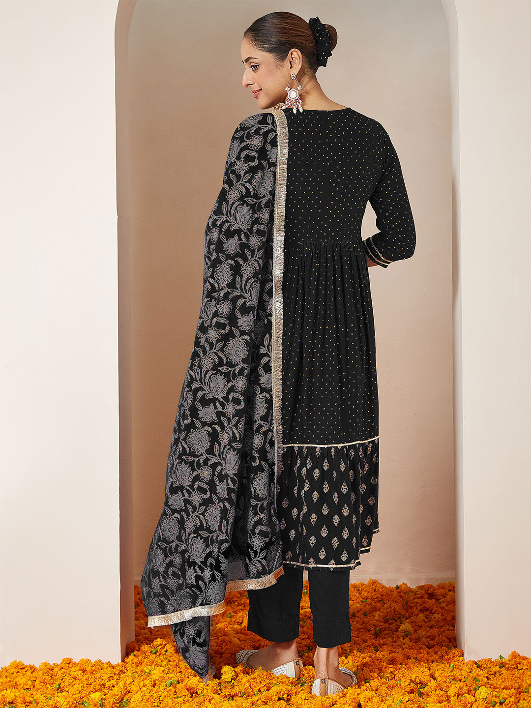 Janasya Women's Black Rayon Gold Printed Anarkali Kurta Set - qivii