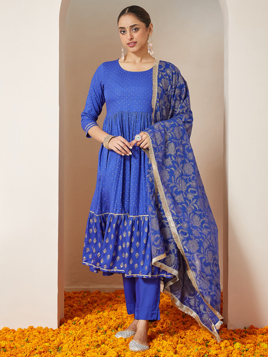 Janasya Women's Blue Pure Cotton Foil Printed A-line Kurta Set - qivii