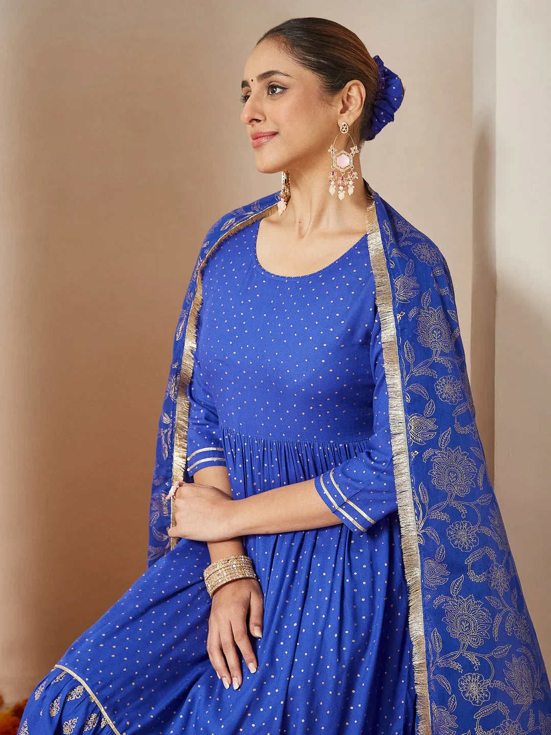 Janasya Women's Blue Pure Cotton Foil Printed A-line Kurta Set