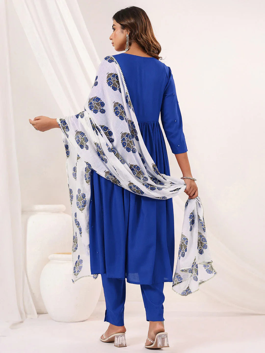 Janasya Women's Blue Rayon Embellished Mirror Work A-line Kurta Set