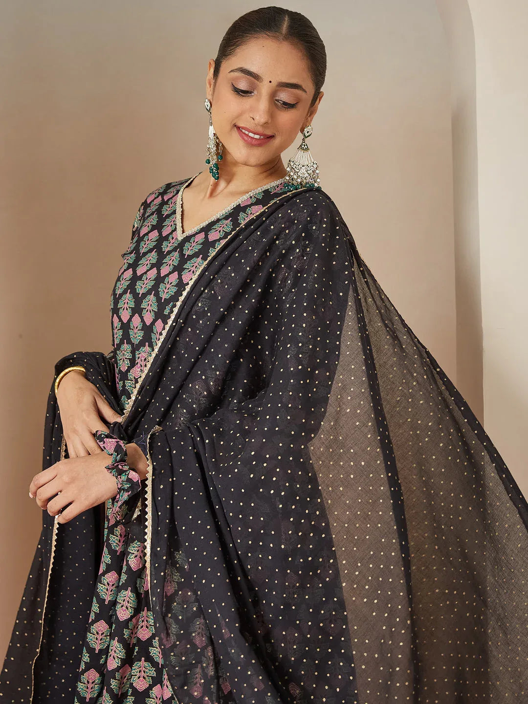 Janasya Women's Black Rayon Foil Printed Anarkali Kurta Set
