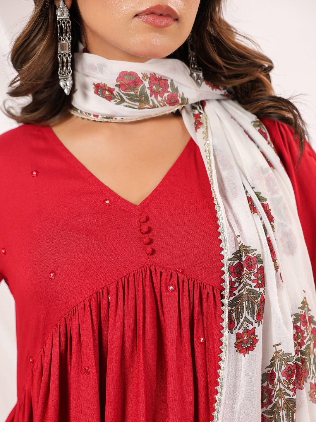 Janasya Women's Maroon Rayon Embellished Mirror Work A-line Kurta Set - qivii