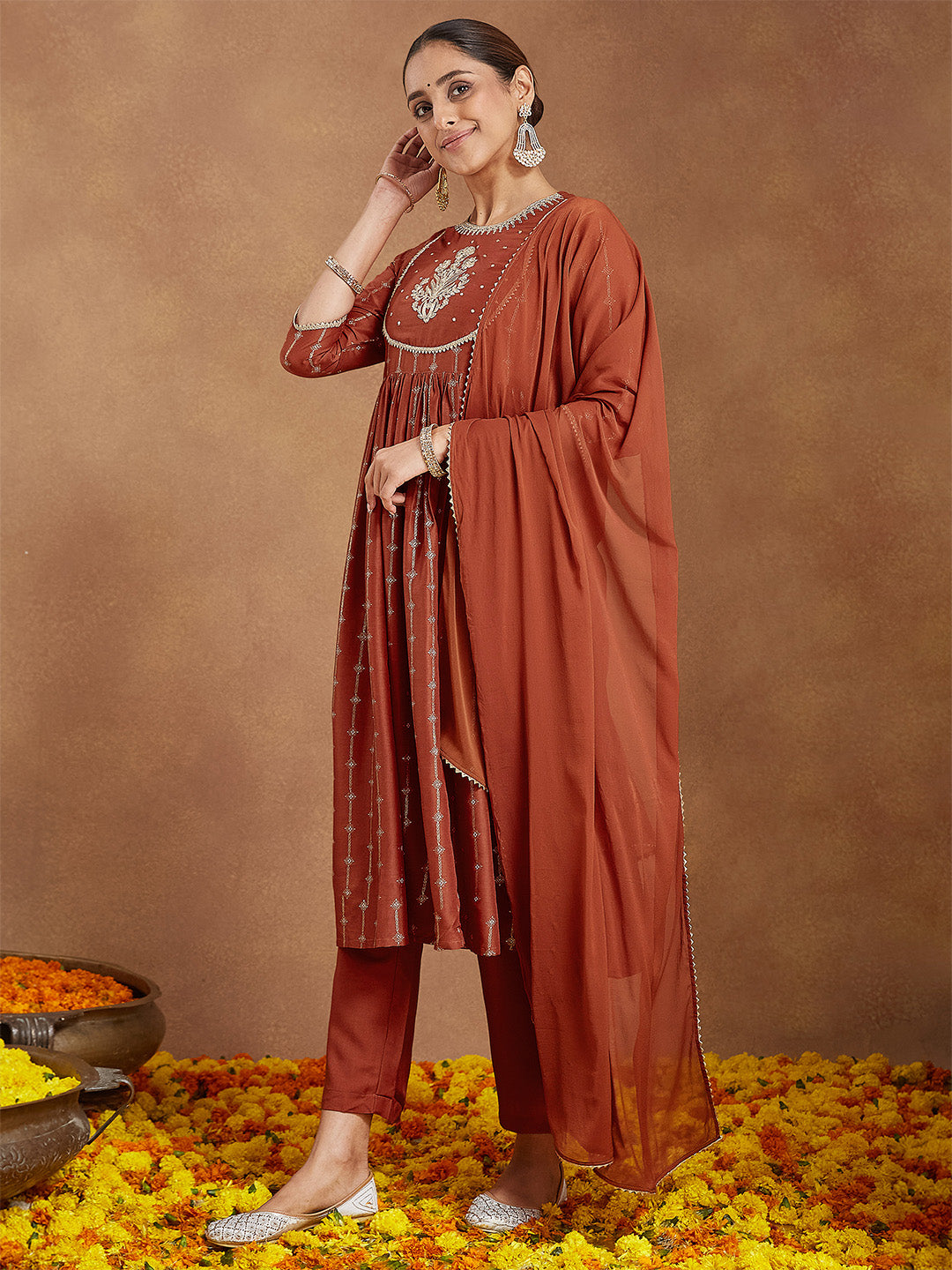 Janasya Women's Rust Silk Blend Yoke Embroidered Gold Printed A-line Kurta Set With Dupatta - qivii