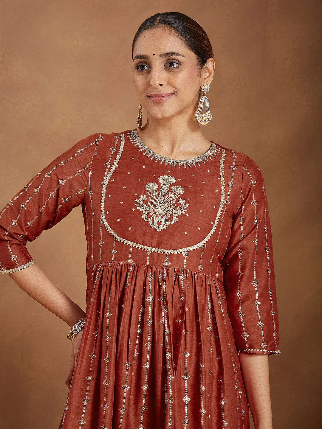 Janasya Women's Rust Silk Blend Yoke Embroidered Gold Printed A-line Kurta Set With Dupatta