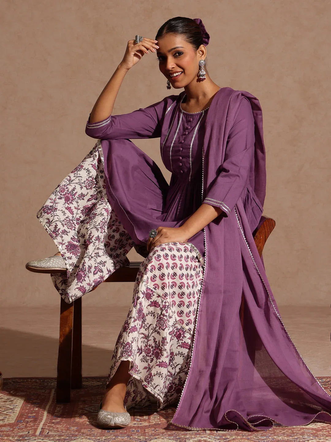 Janasya Women's Purple Pure Cotton Solid Peplum Top With Sharara & Dupatta Set