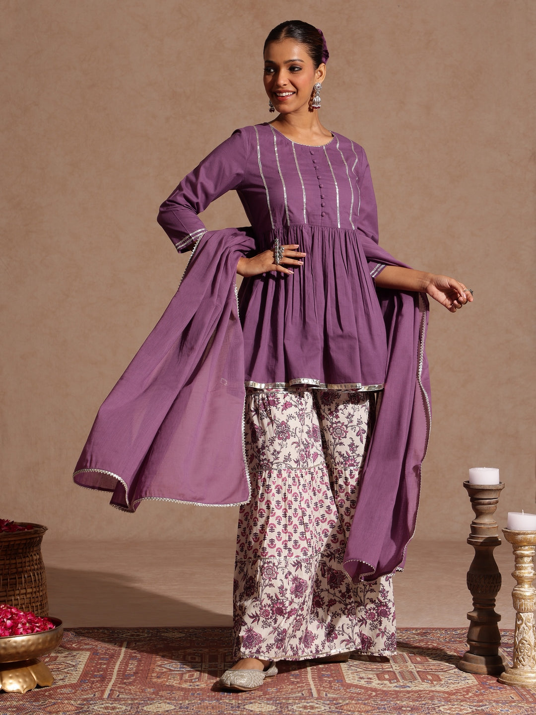 Janasya Women's Purple Pure Cotton Solid Peplum Top With Sharara & Dupatta Set - qivii