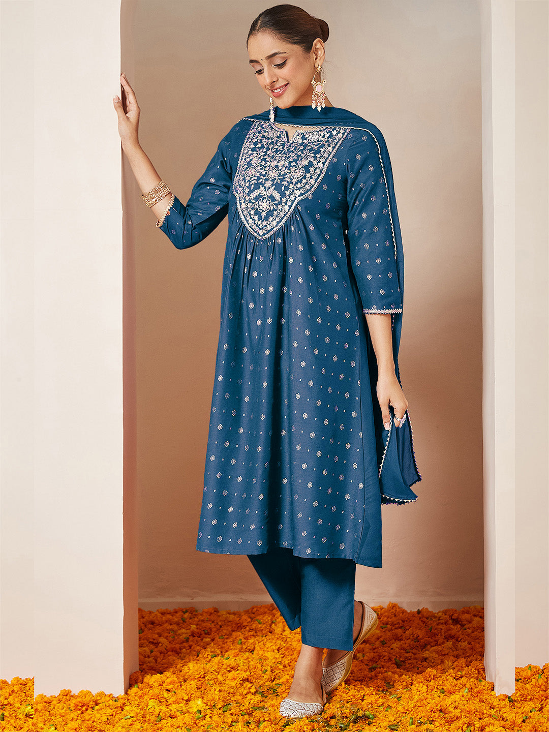 Janasya Women's Teal Blue Silk Blend Yoke Embroidered Gold Printed A-line Kurta Set With Dupatta - qivii