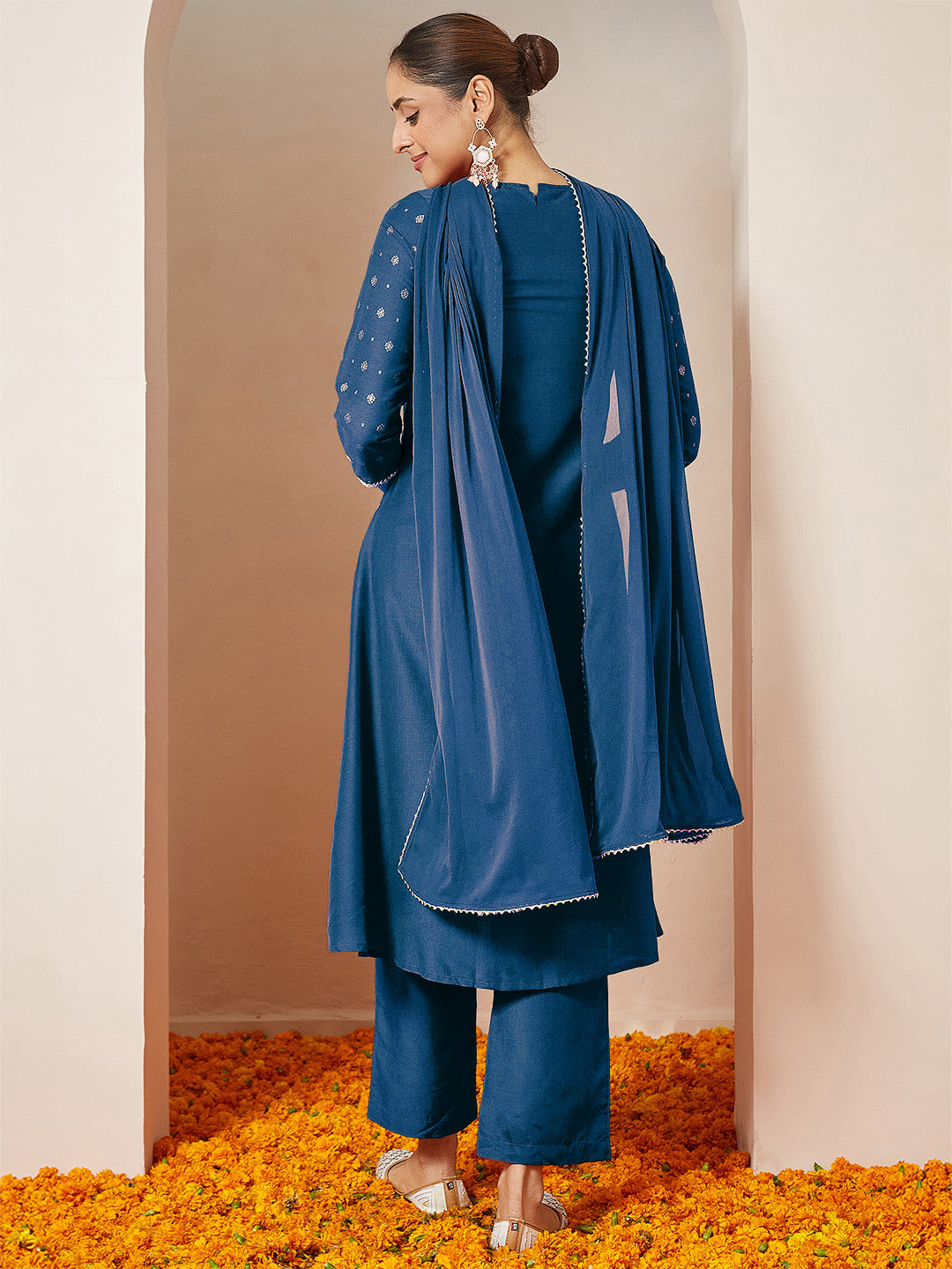 Janasya Women's Teal Blue Silk Blend Yoke Embroidered Gold Printed A-line Kurta Set With Dupatta - qivii