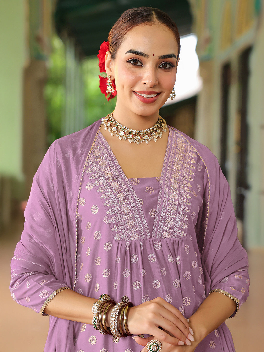 Janasya Women's Lavender Silk Blend Embellished Gold Printed A-line Kurta Set With Dupatta - qivii