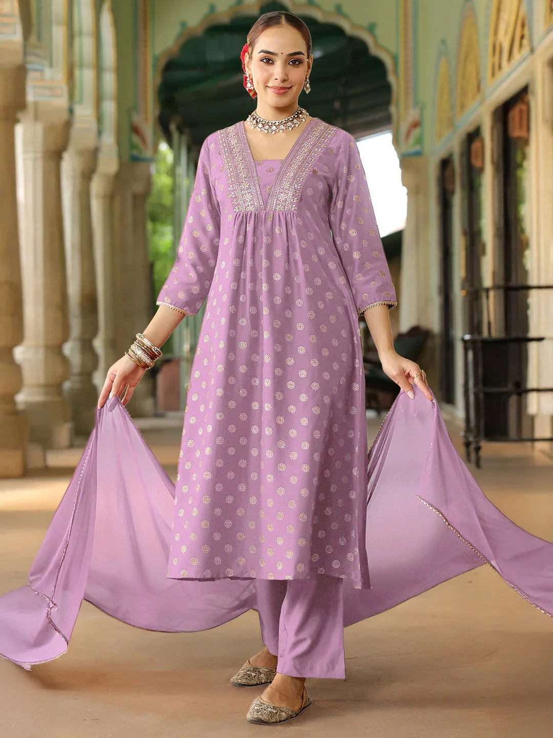 Janasya Women's Lavender Silk Blend Embellished Gold Printed A-line Kurta Set With Dupatta