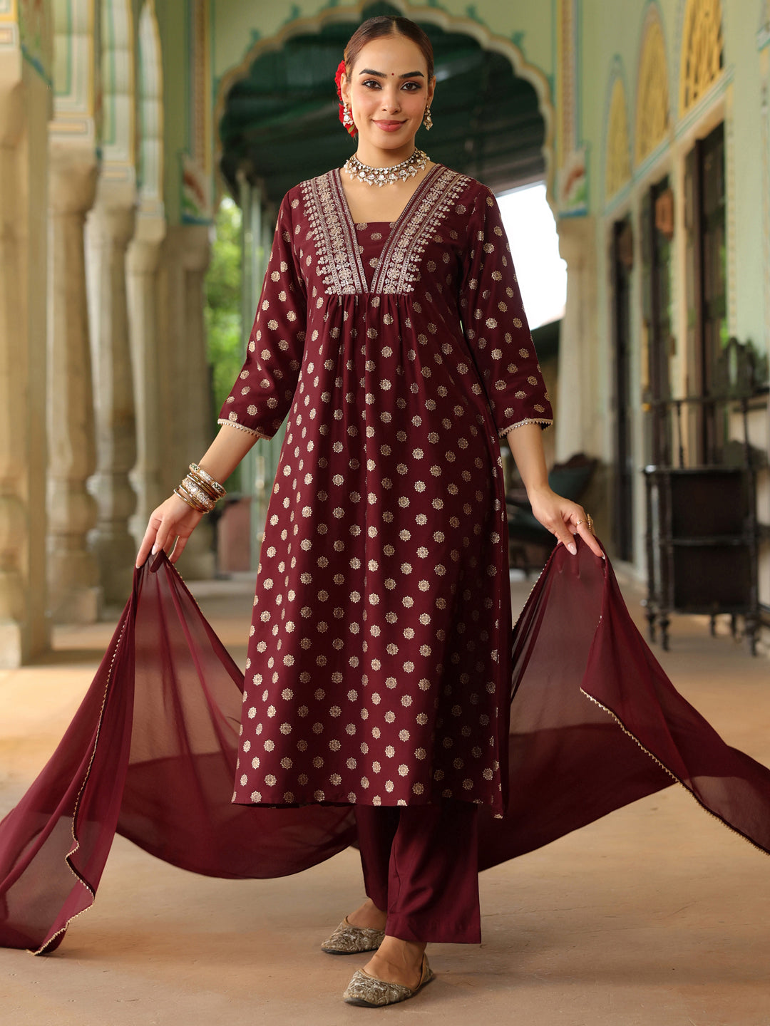 Janasya Women's Maroon Silk Blend Embellished Gold Printed A-line Kurta Set With Dupatta - qivii