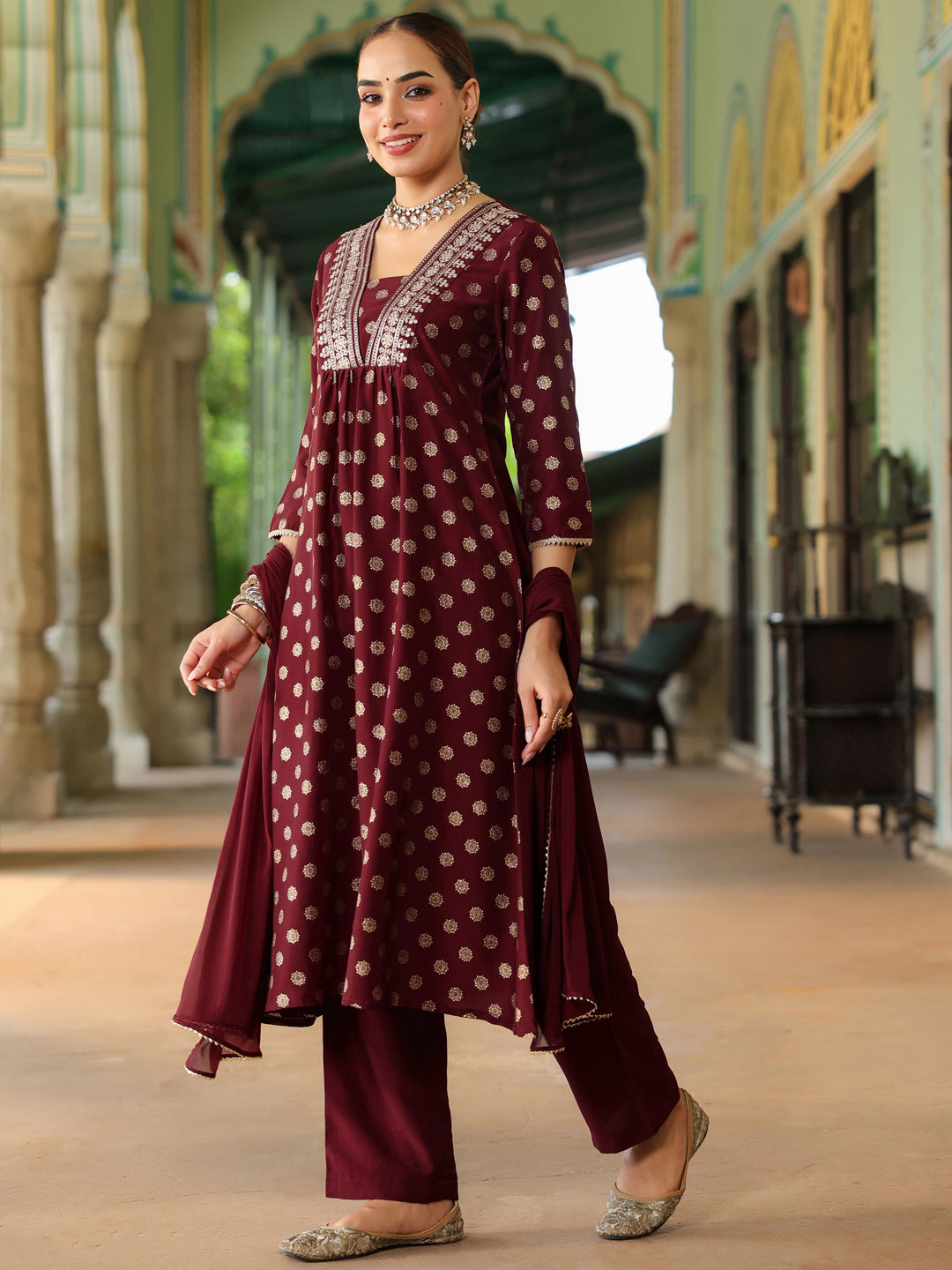 Janasya Women's Maroon Silk Blend Embellished Gold Printed A-line Kurta Set With Dupatta - qivii