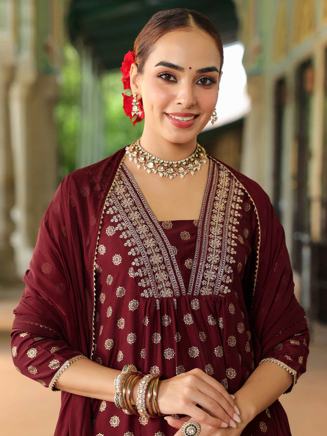 Janasya Women's Maroon Silk Blend Embellished Gold Printed A-line Kurta Set With Dupatta - qivii