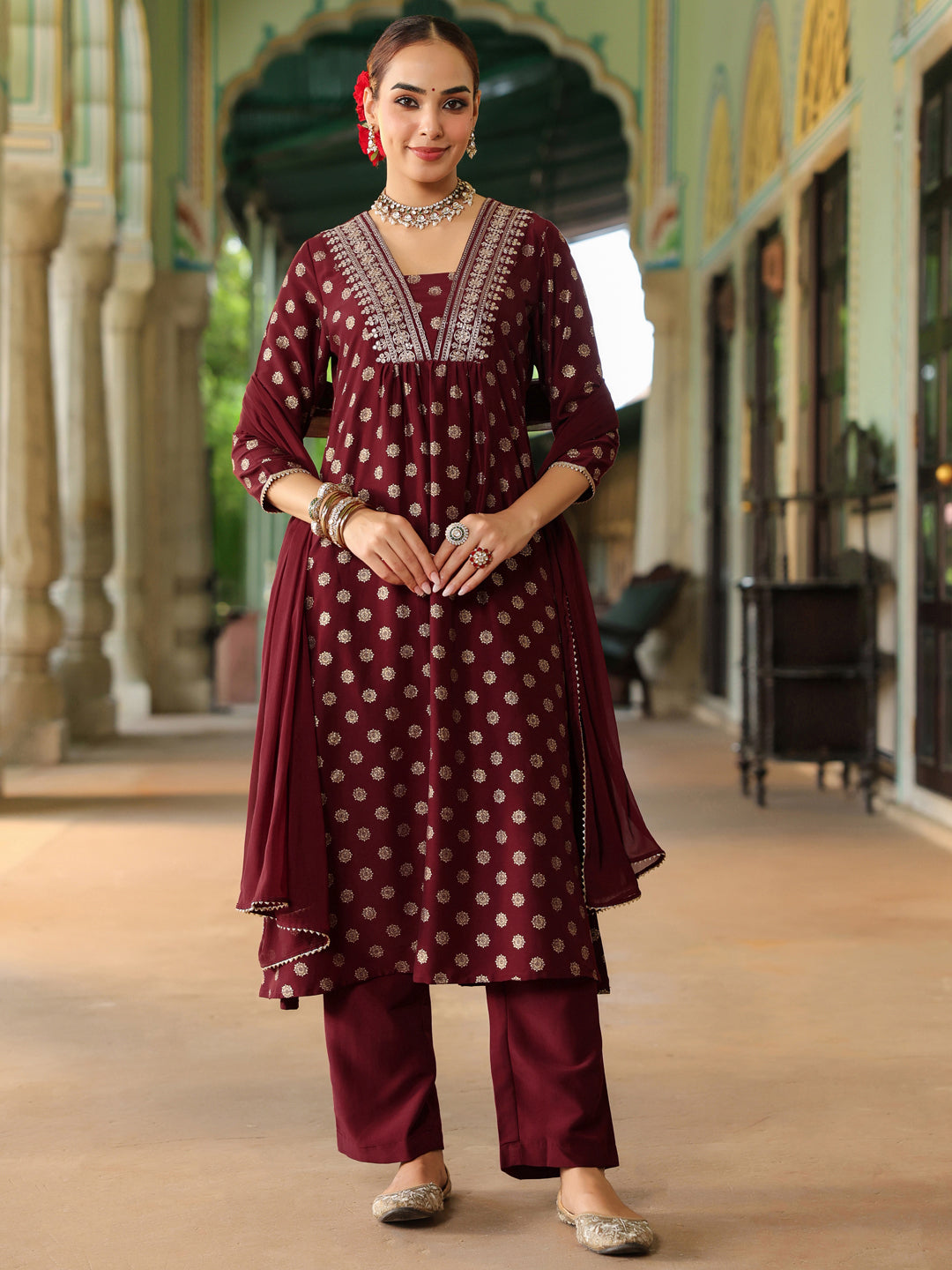 Janasya Women's Maroon Silk Blend Embellished Gold Printed A-line Kurta Set With Dupatta - qivii