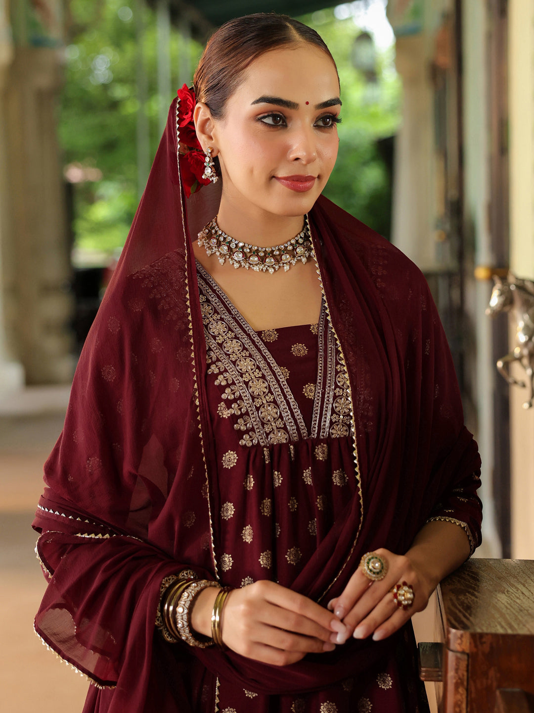 Janasya Women's Maroon Silk Blend Embellished Gold Printed A-line Kurta Set With Dupatta - qivii