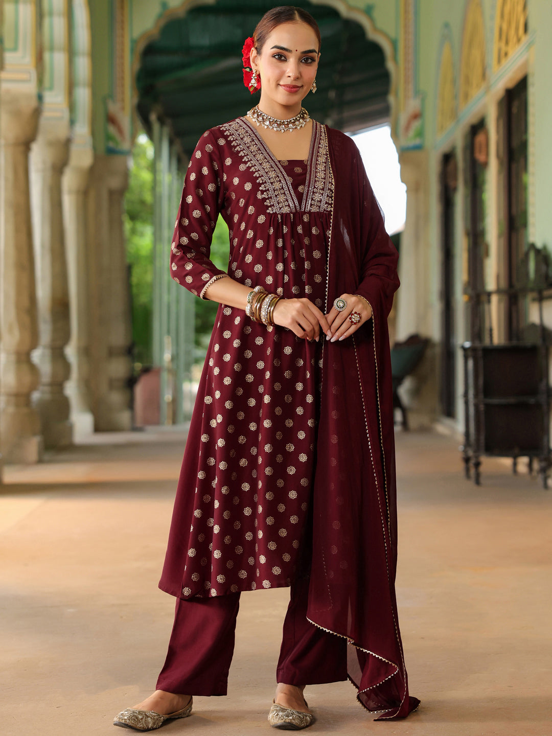Janasya Women's Maroon Silk Blend Embellished Gold Printed A-line Kurta Set With Dupatta - qivii