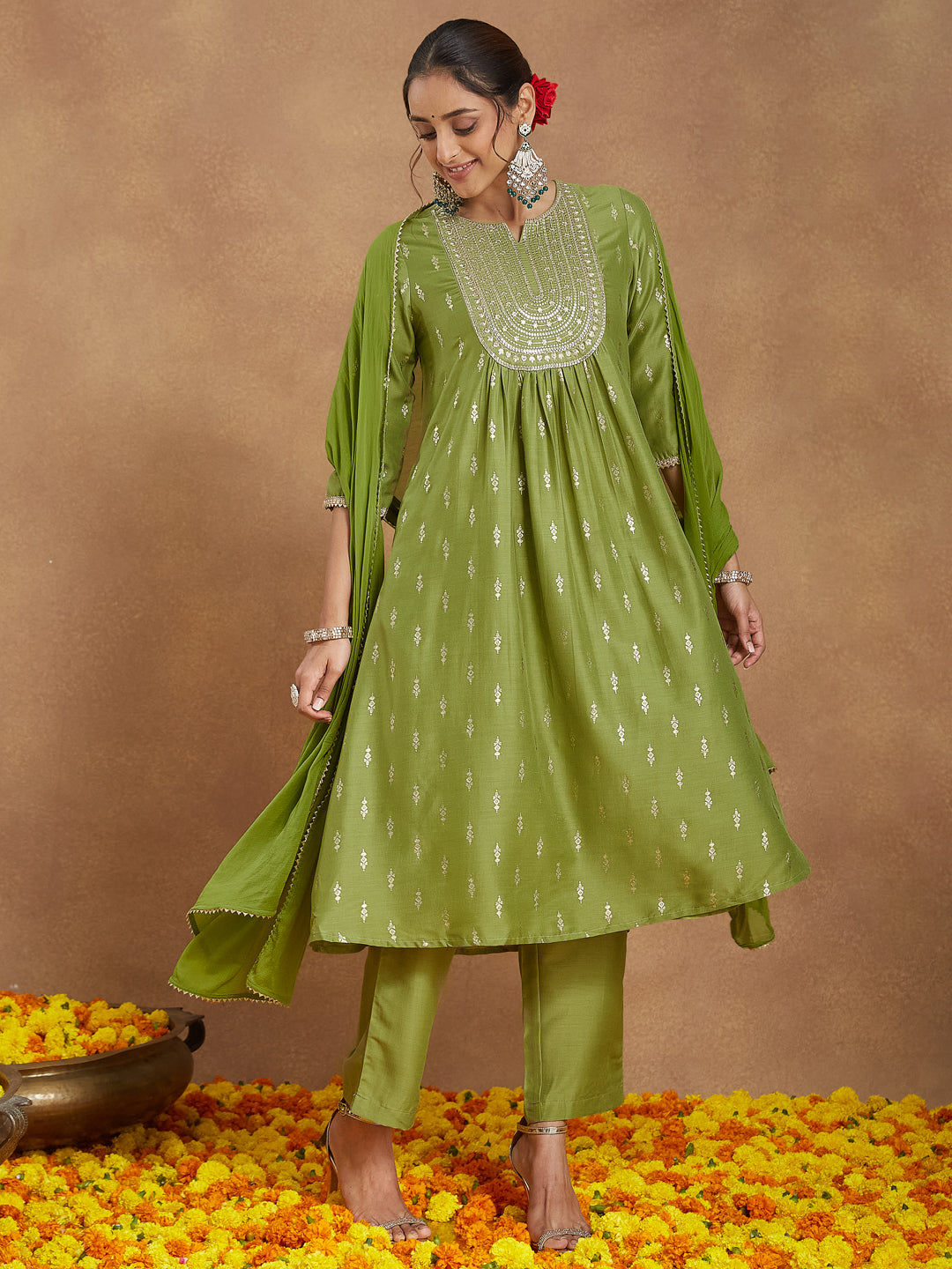 Janasya Women's Lime Green Silk Blend Zari Yoke Embroidered Gold Printed A-line Kurta Set - qivii