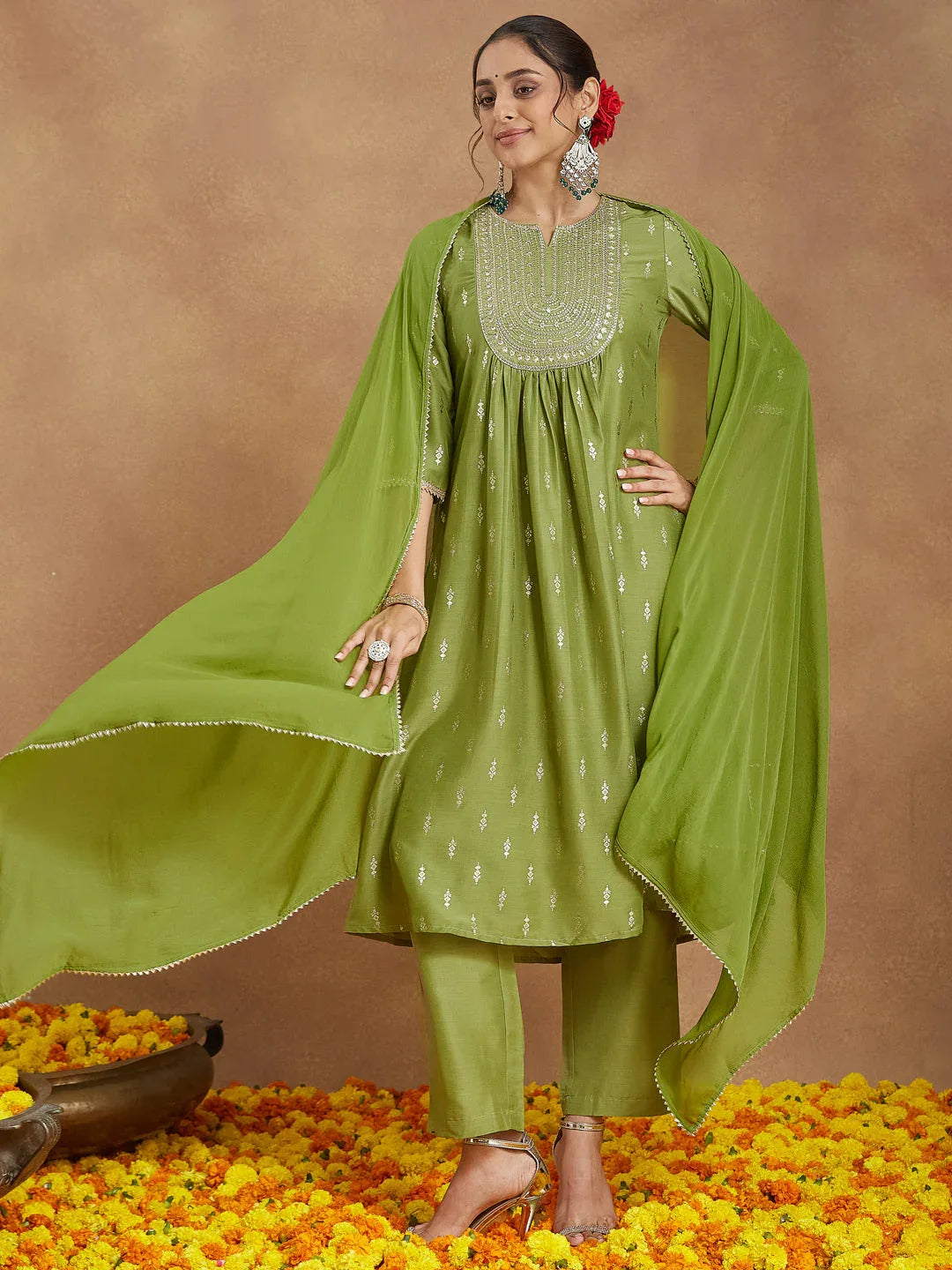 Janasya Women's Lime Green Silk Blend Zari Yoke Embroidered Gold Printed A-line Kurta Set