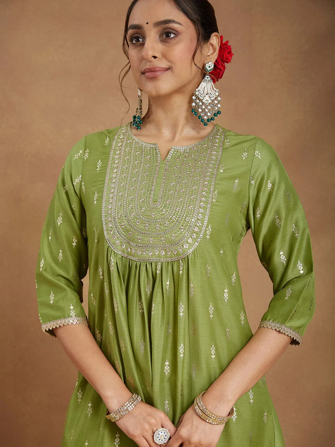 Janasya Women's Lime Green Silk Blend Zari Yoke Embroidered Gold Printed A-line Kurta Set