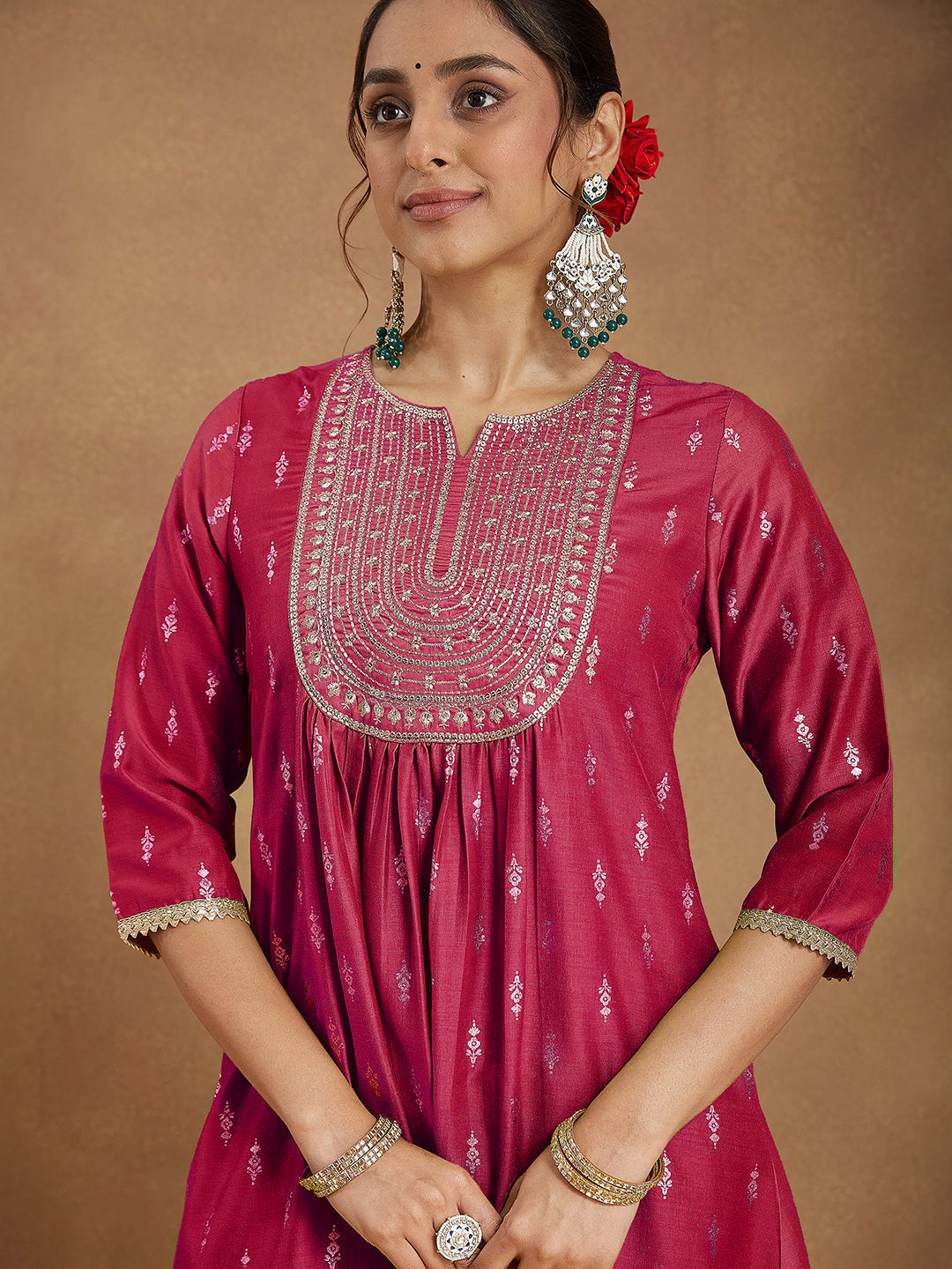 Janasya Women's Pink Silk Blend Zari Yoke Embroidered Gold Printed A-line Kurta Set With Dupatta - qivii