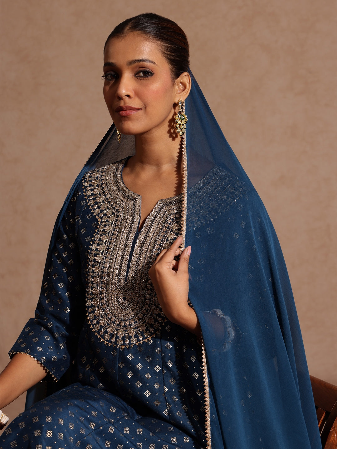 Janasya Women's Teal Blue Silk Blend Zari Embroidered Gold Printed Anarkali Kurta Set - qivii