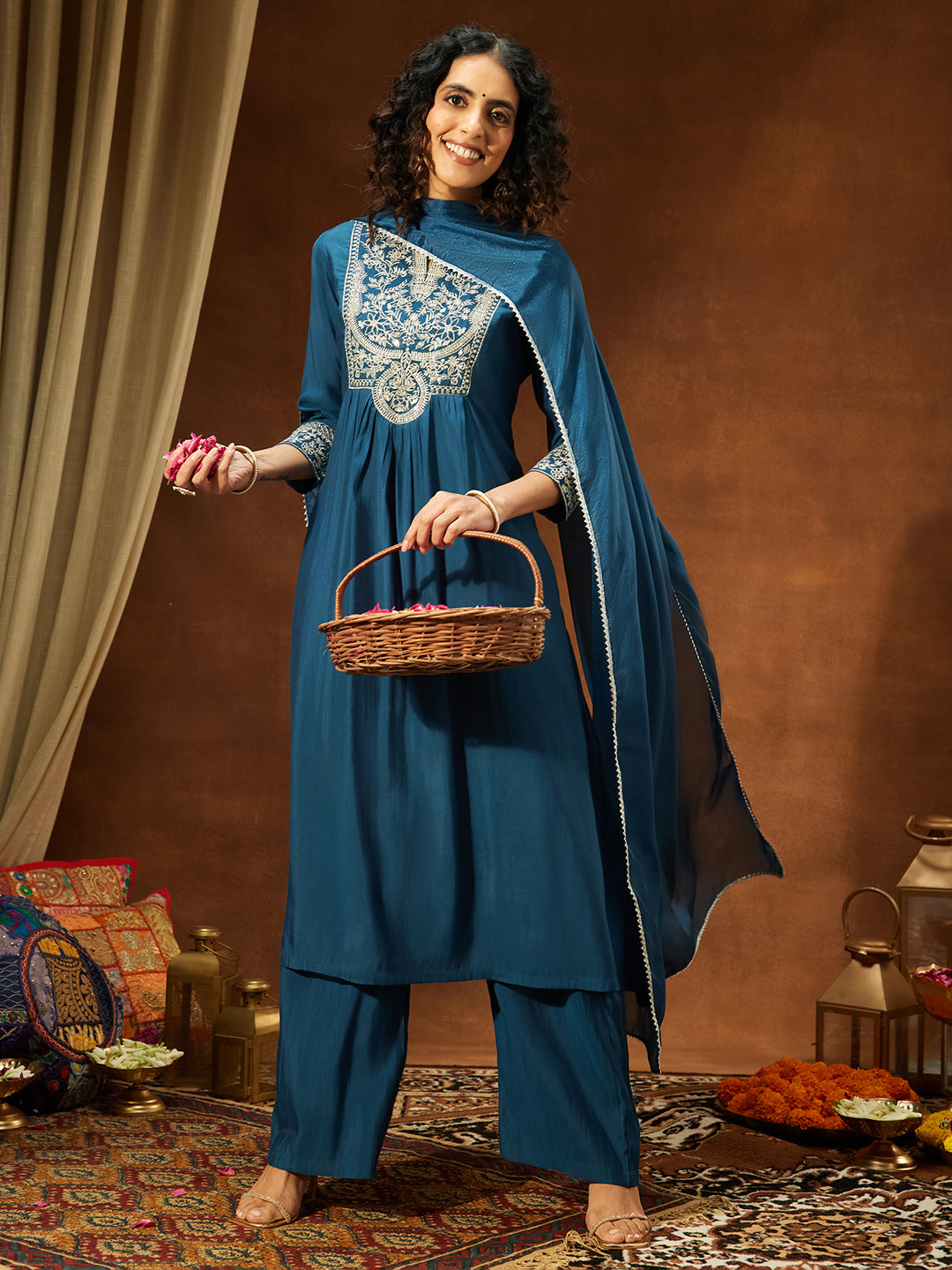 Janasya Women's Teal Blue Chanderi Silk Zari Embroidered A-line Kurta Set