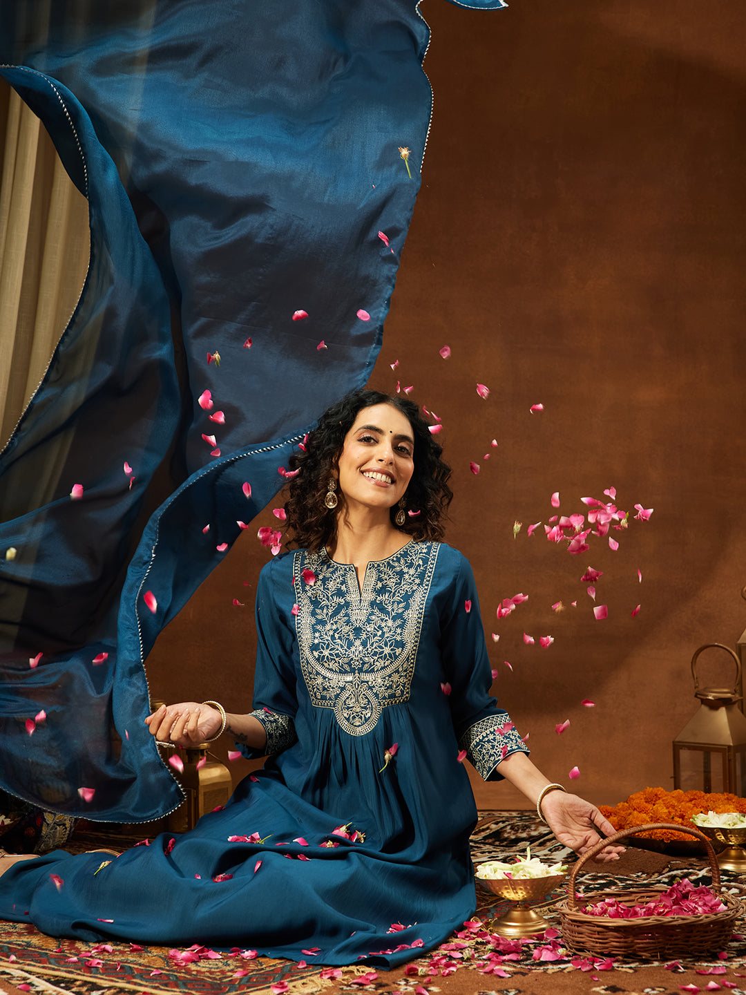 Janasya Women's Teal Blue Chanderi Silk Zari Embroidered A-line Kurta Set