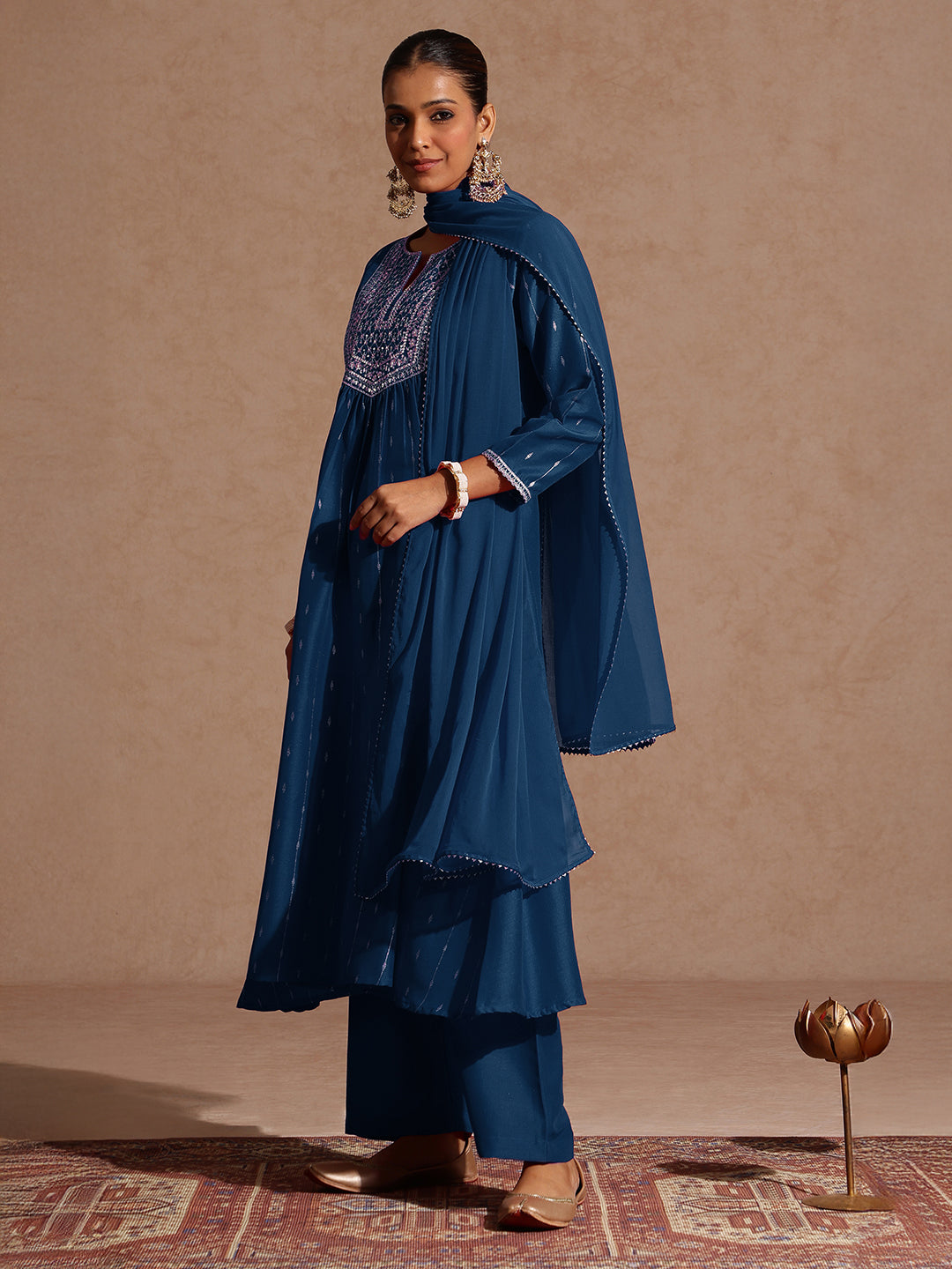 Janasya Women's Teal Blue Silk Blend Zari Yoke Embroidered A-line Kurta Set With Dupatta