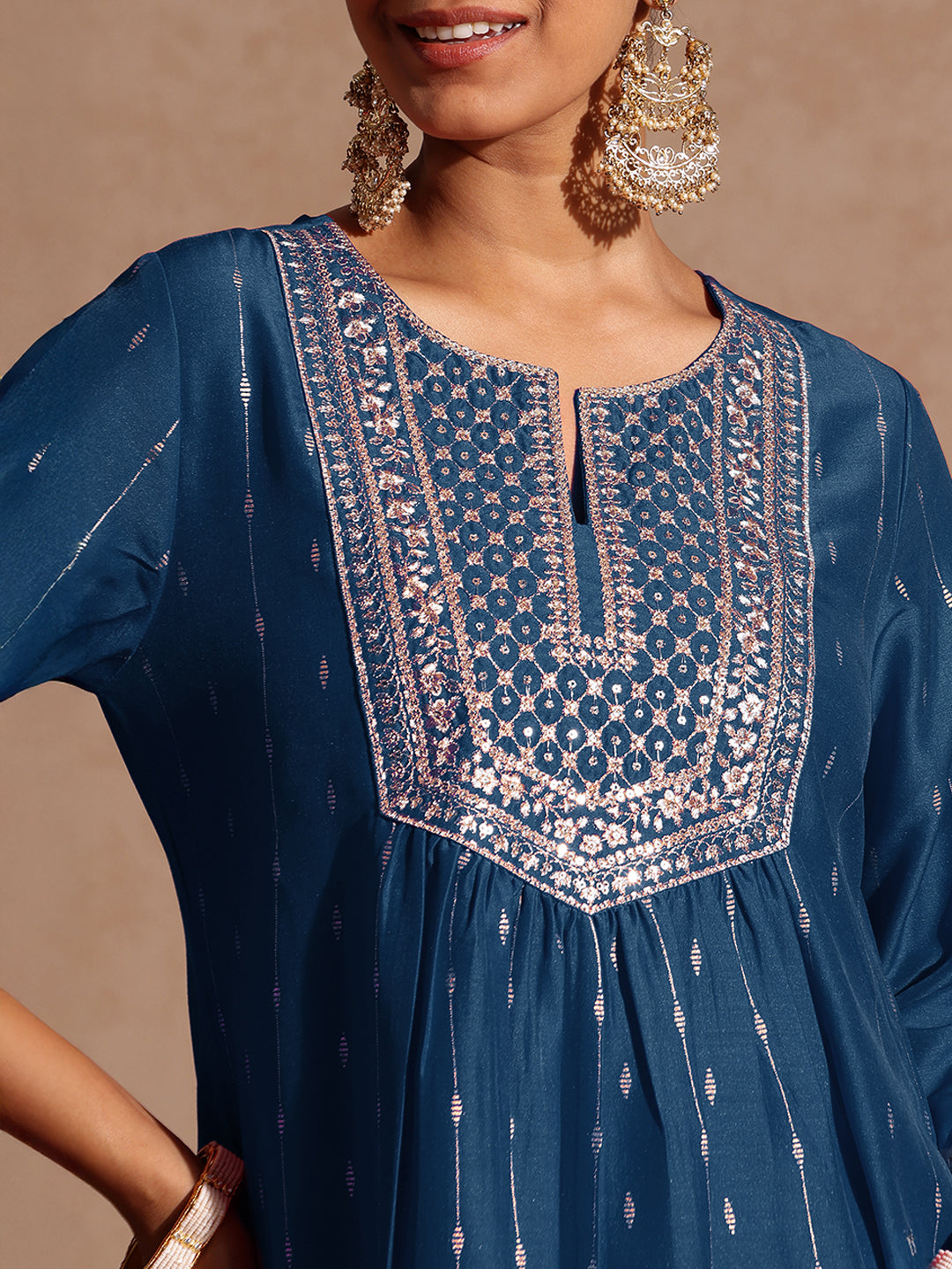 Janasya Women's Teal Blue Silk Blend Zari Yoke Embroidered A-line Kurta Set With Dupatta