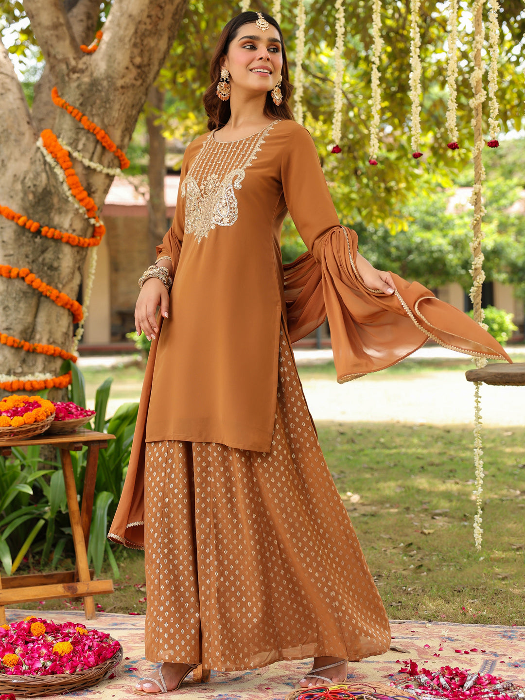 Janasya Women's Brown Georgette Embroidered Straight Kurta With Sharara & Dupatta Set - qivii