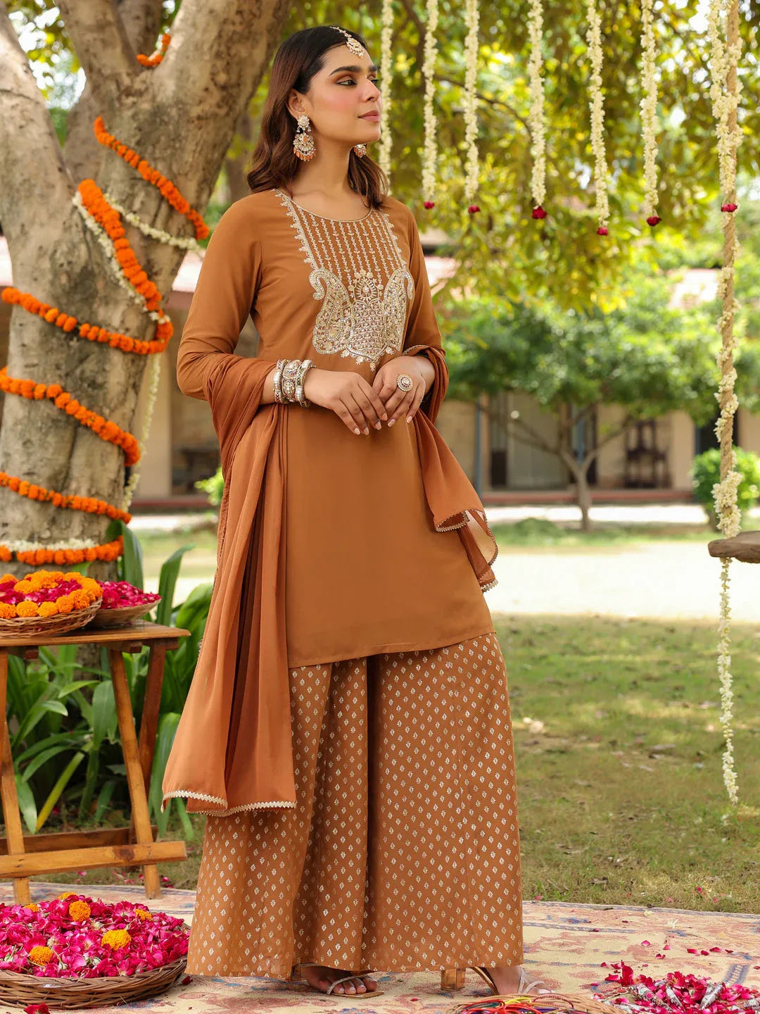 Janasya Women's Brown Georgette Embroidered Straight Kurta With Sharara & Dupatta Set