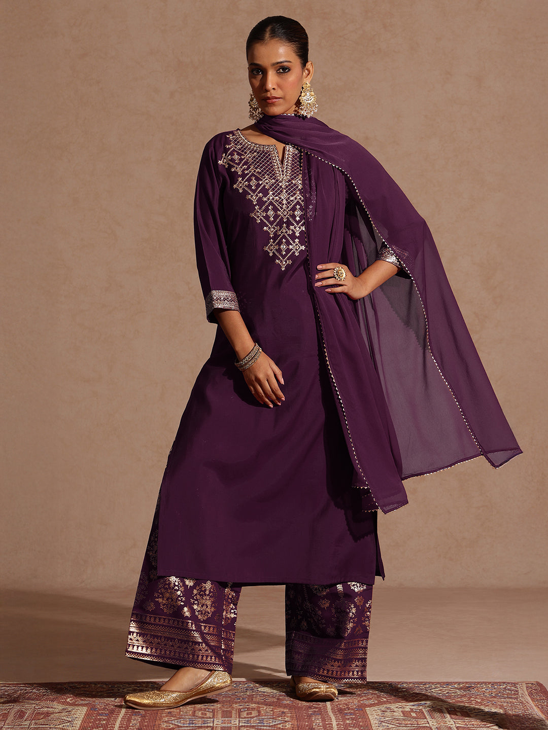 Janasya Women's Wine Chanderi Silk Embellished Straight Kurta With Palazzo & Dupatta Set