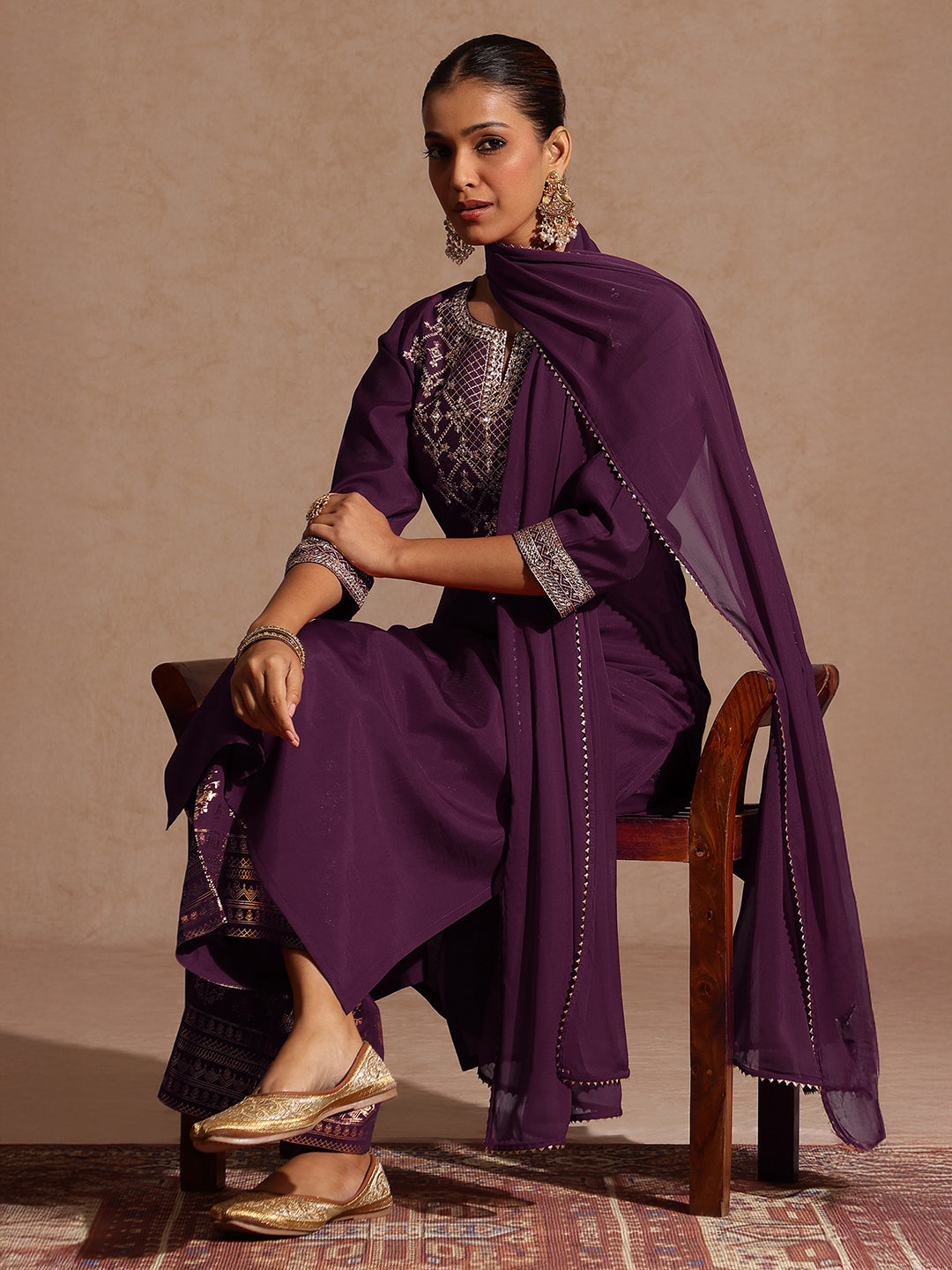 Janasya Women's Wine Chanderi Silk Embellished Straight Kurta With Palazzo & Dupatta Set