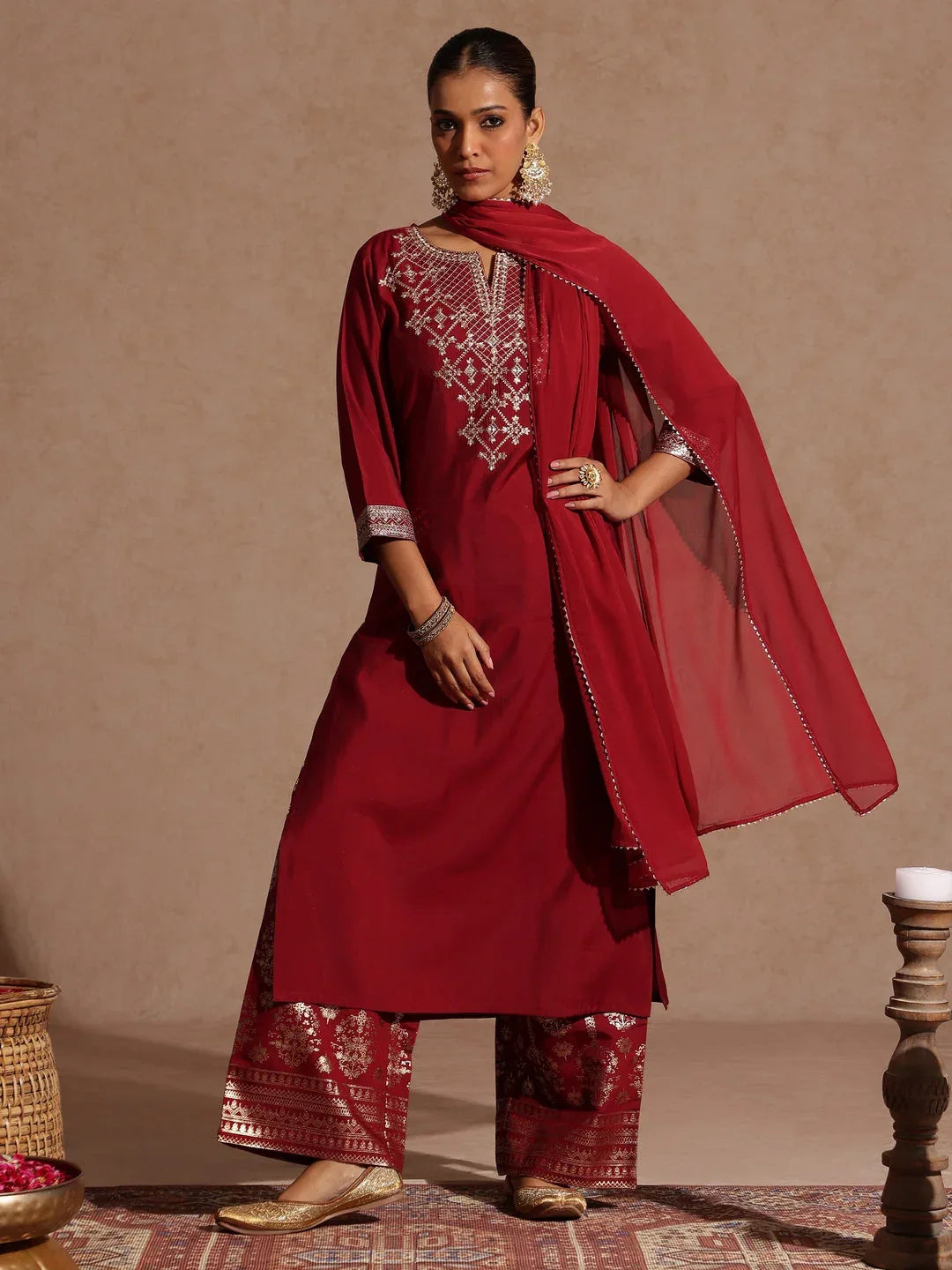 Janasya Women's Maroon Chanderi Silk Zari Embroidered Gold Printed Straight Kurta Set