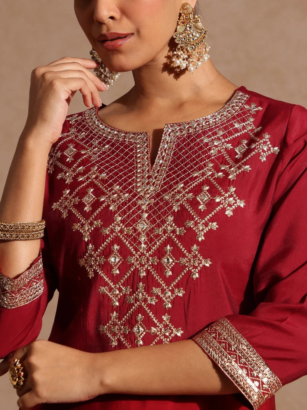 Janasya Women's Maroon Chanderi Silk Zari Embroidered Gold Printed Straight Kurta Set