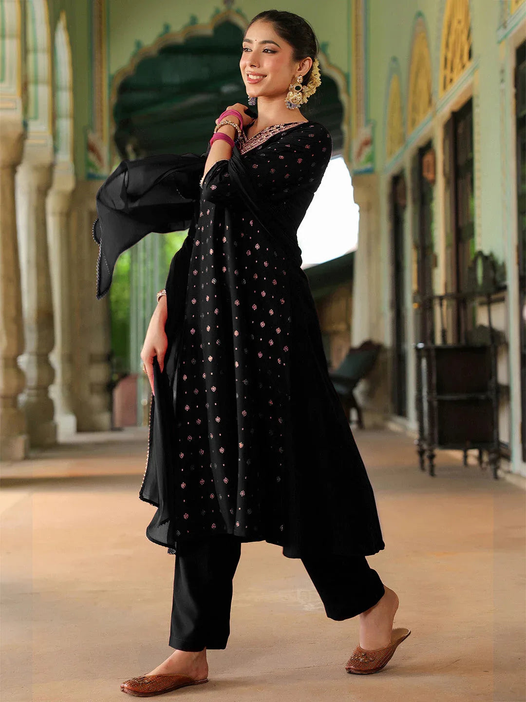 Janasya Women's Black Silk Blend Zari Yoke Embroidered Gold Printed Anarkali Kurta Set