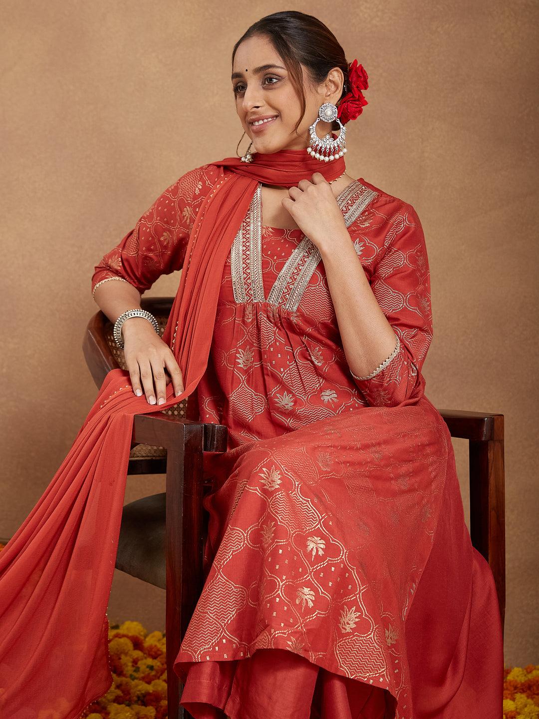 Janasya Women's Rust Silk Blend Embellished Gold Printed A-line Kurta Set - qivii