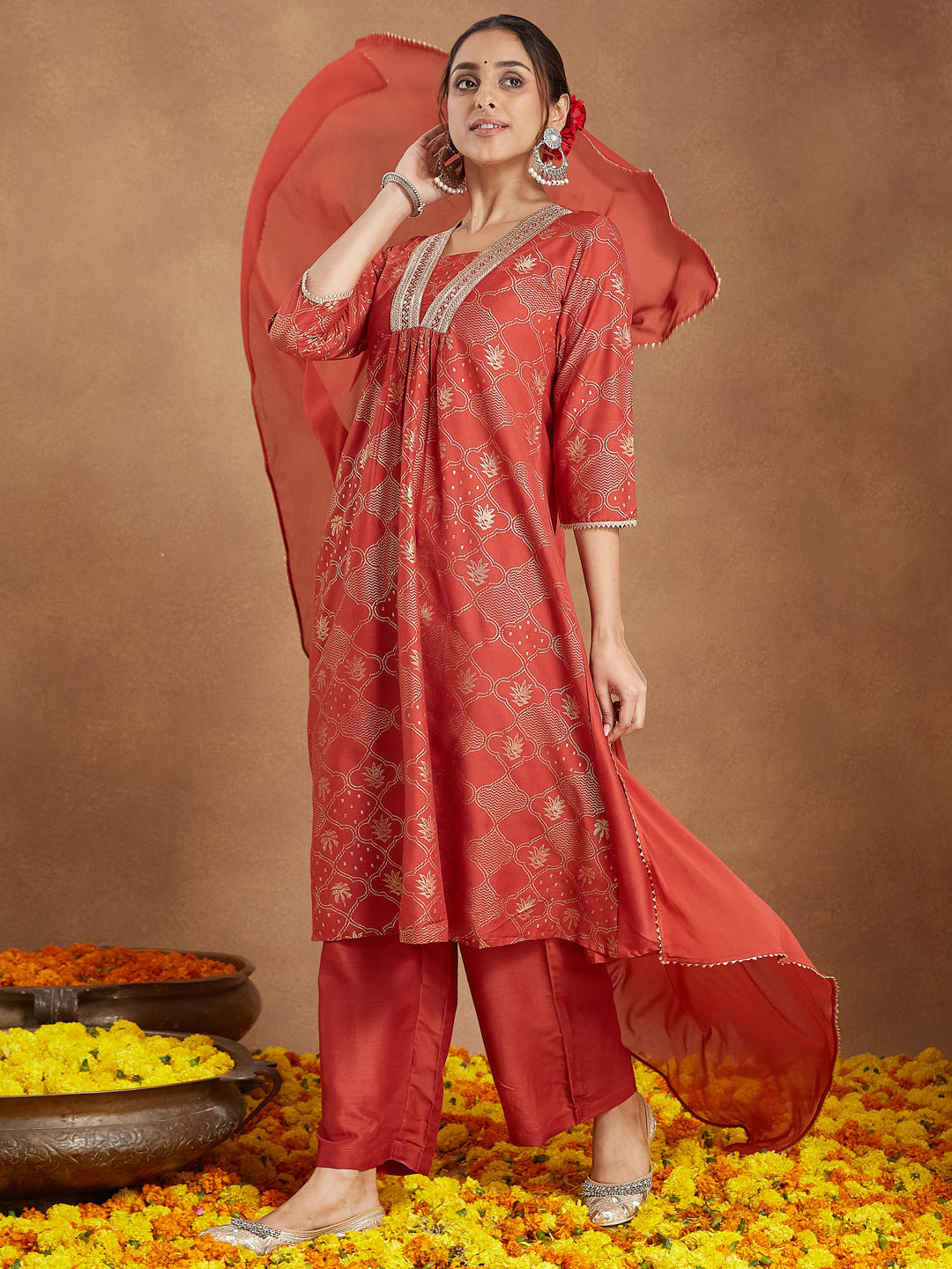 Janasya Women's Rust Silk Blend Embellished Gold Printed A-line Kurta Set - qivii
