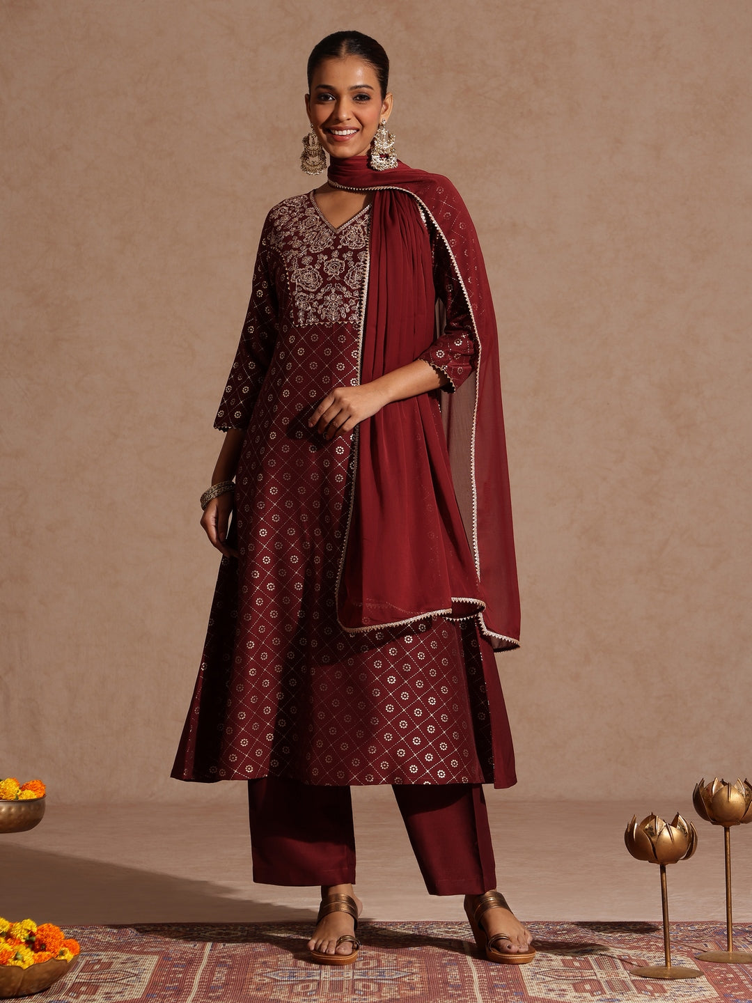 Janasya Women's Maroon Silk Blend Foil Printed Yoke Embroidered A-line Kurta Set - qivii
