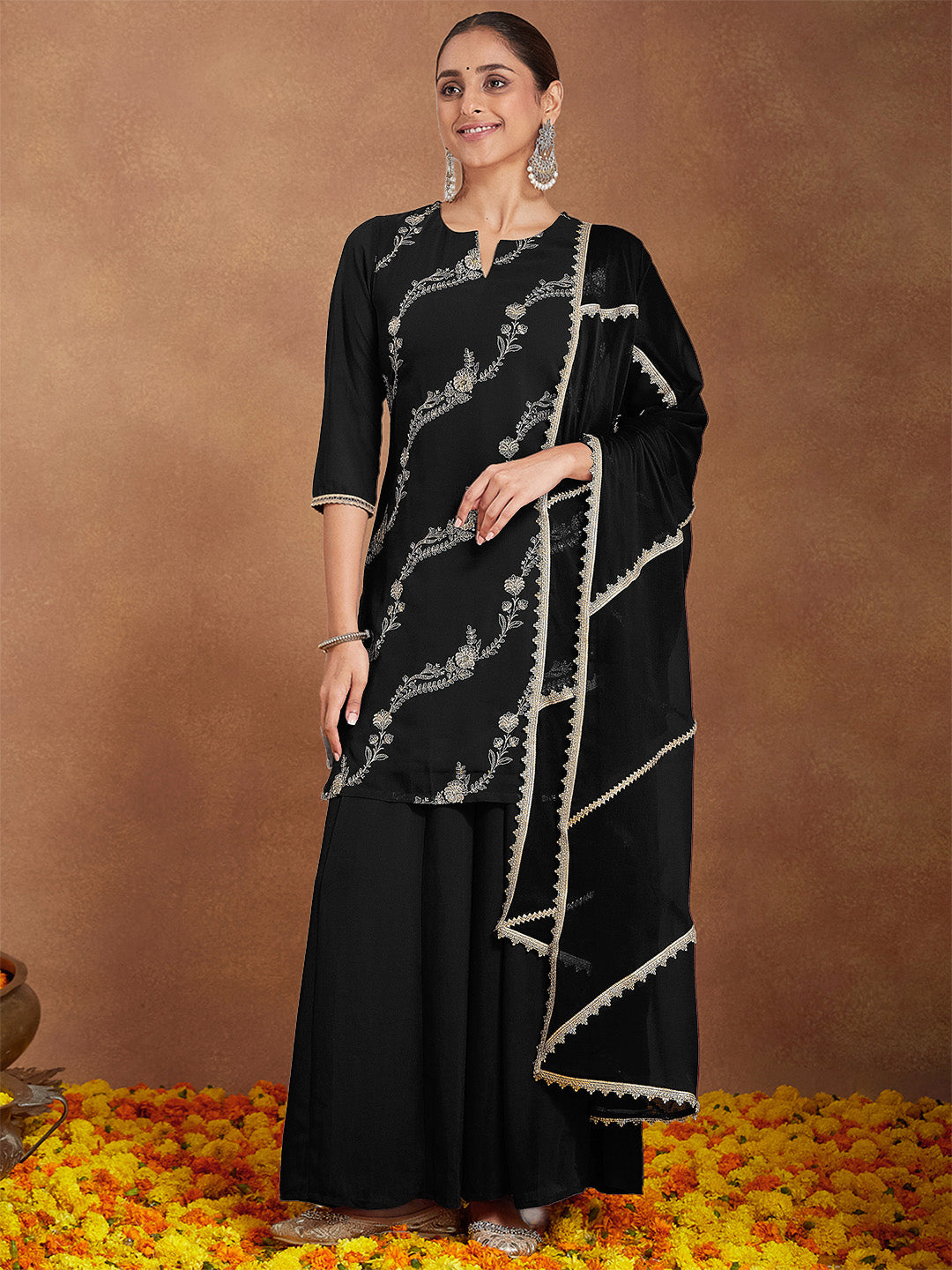 Janasya Women's Black Georgette Zari Embroidered Straight Kurta With Palazzo & Dupatta Set - qivii