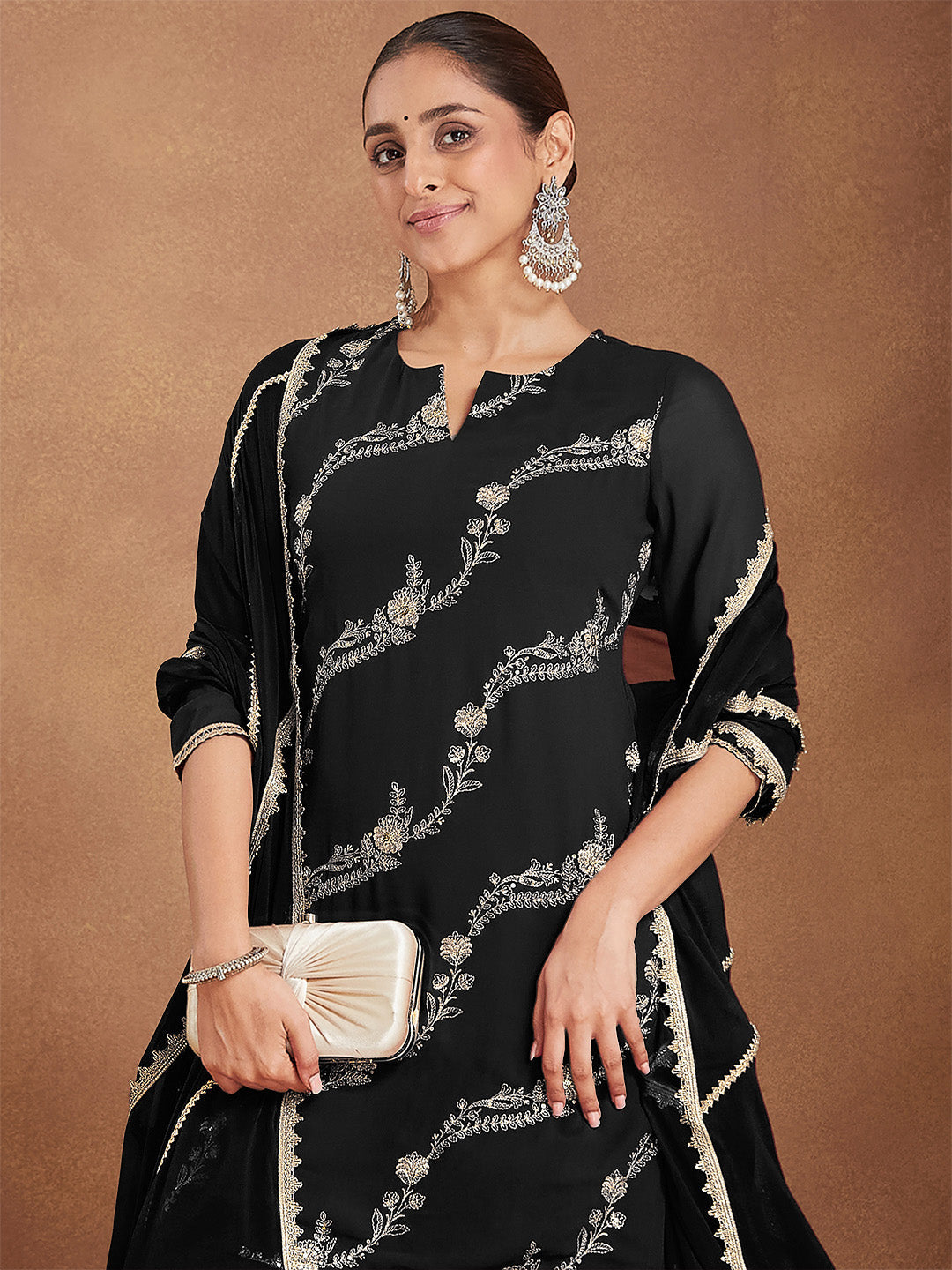 Janasya Women's Black Georgette Zari Embroidered Straight Kurta With Palazzo & Dupatta Set - qivii