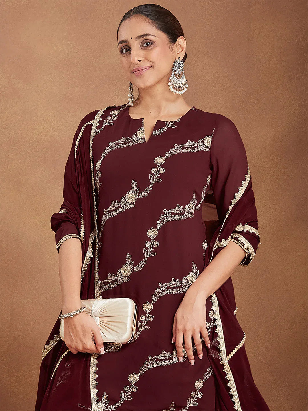 Janasya Women's Maroon Georgette Zari Embroidered Kurta With Sharara & Dupatta Set