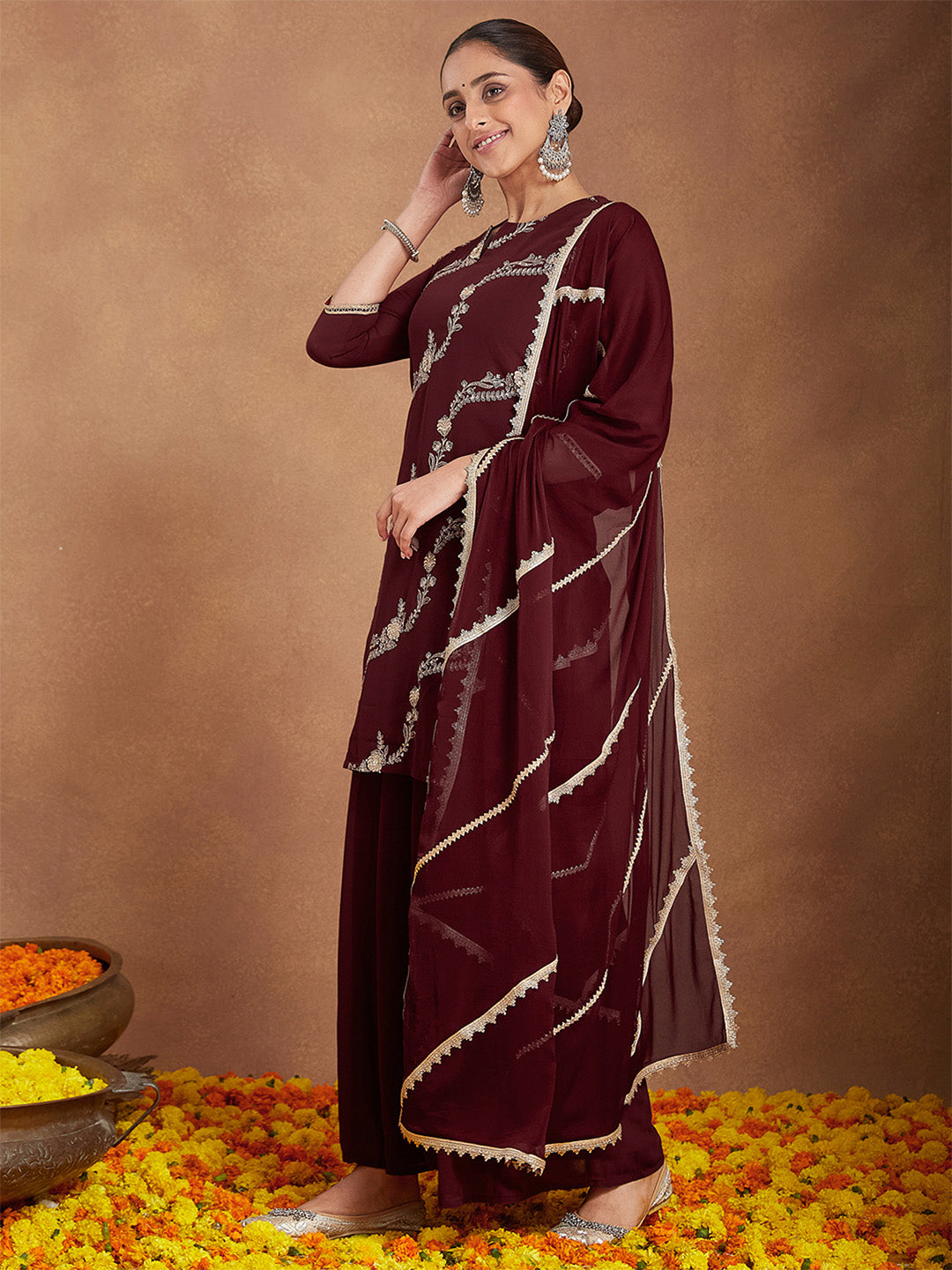 Janasya Women's Maroon Georgette Zari Embroidered Kurta With Sharara & Dupatta Set - qivii