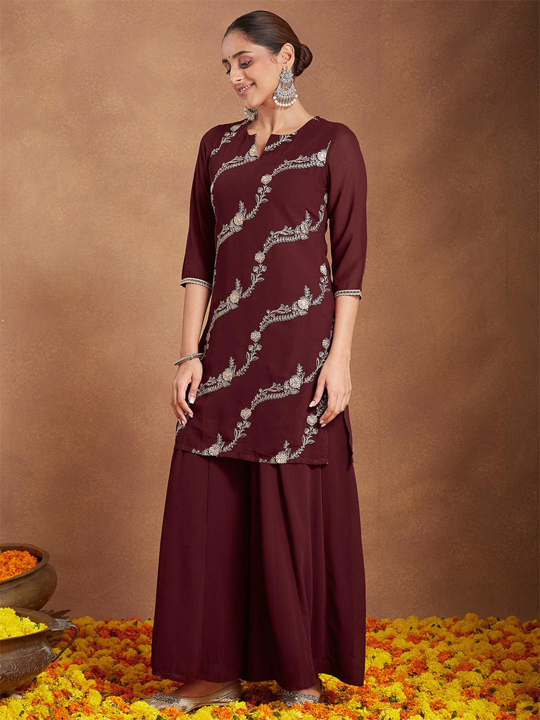 Janasya Women's Maroon Georgette Zari Embroidered Kurta With Sharara & Dupatta Set - qivii