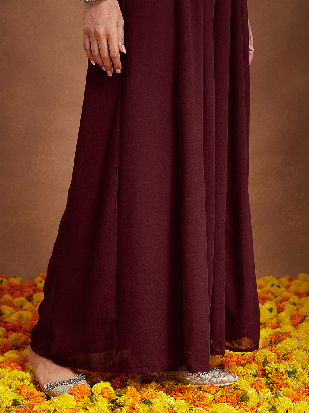 Janasya Women's Maroon Georgette Zari Embroidered Kurta With Sharara & Dupatta Set - qivii