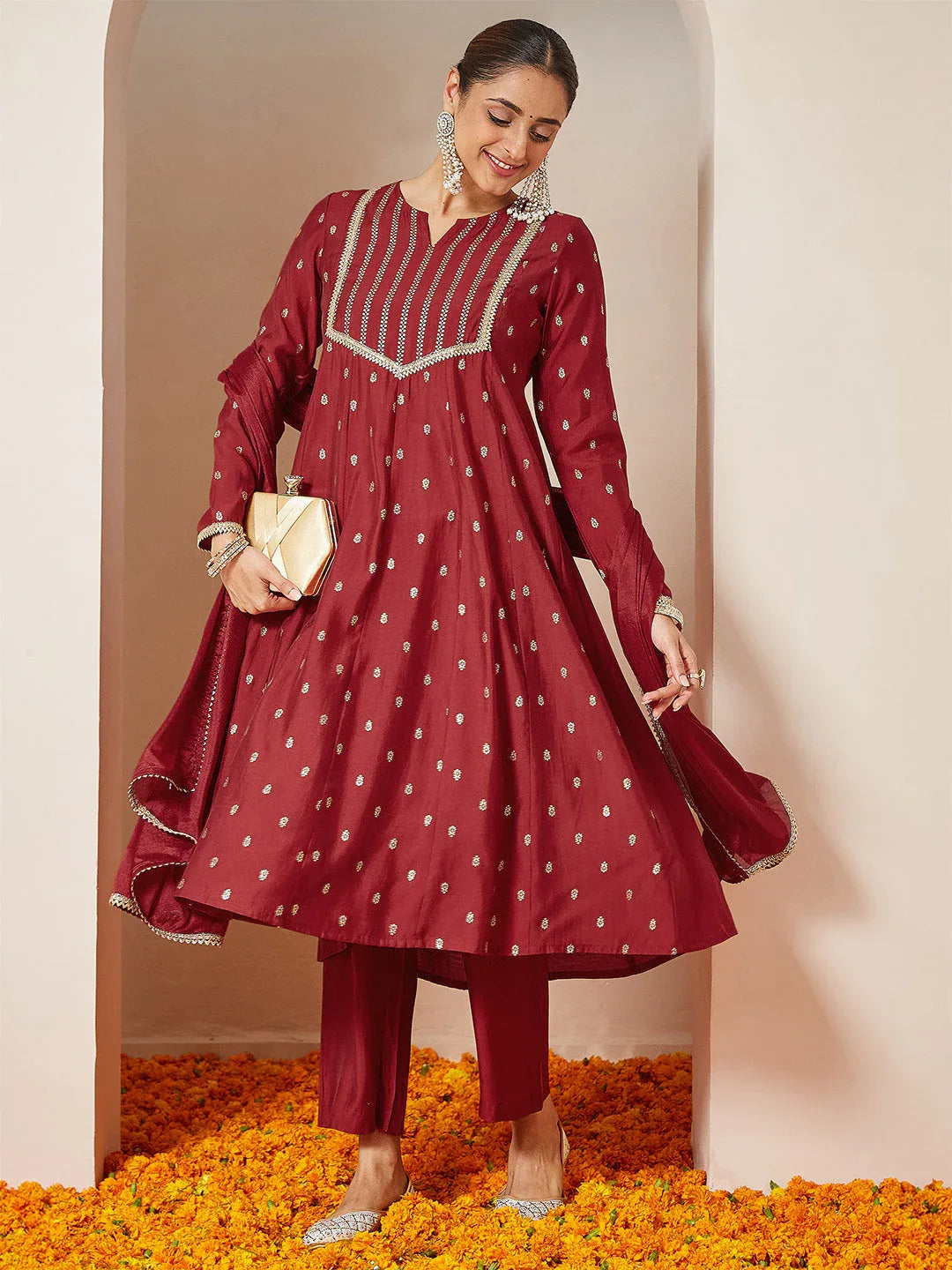 Janasya Women's Maroon Chanderi Silk Embellished Gold Printed Anarkali Kurta Set