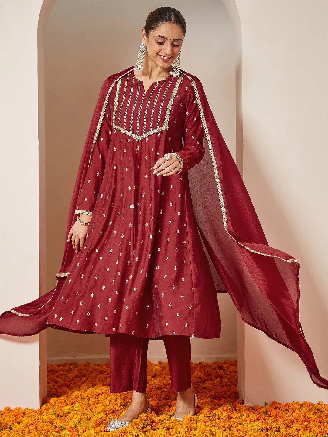 Janasya Women's Maroon Chanderi Silk Embellished Gold Printed Anarkali Kurta Set