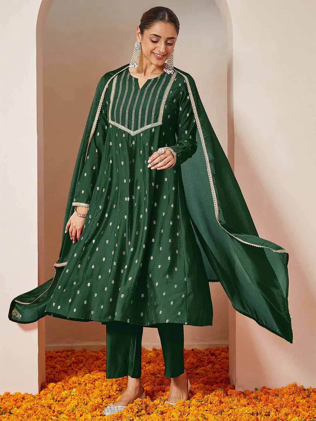 Janasya Women's Dark Green Chanderi Silk Embellished Gold Printed Anarkali Kurta Set