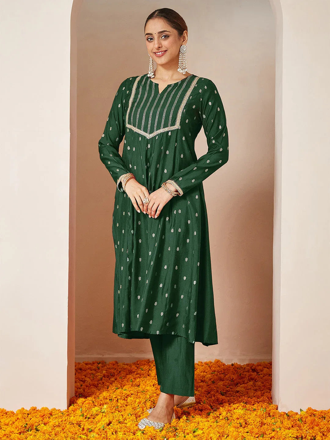 Janasya Women's Dark Green Chanderi Silk Embellished Gold Printed Anarkali Kurta Set