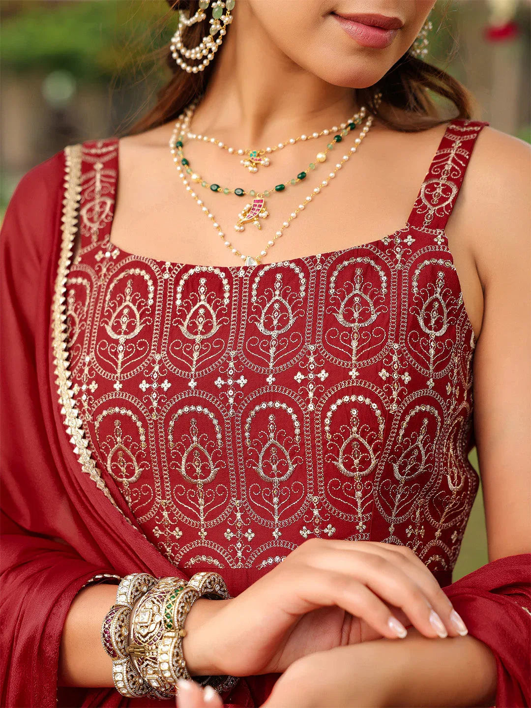 Janasya Women's Maroon Chanderi Silk Zari Embroiderd A-line Kurta Set